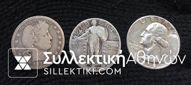 USA 3 Χ Quarter Dollar 1915